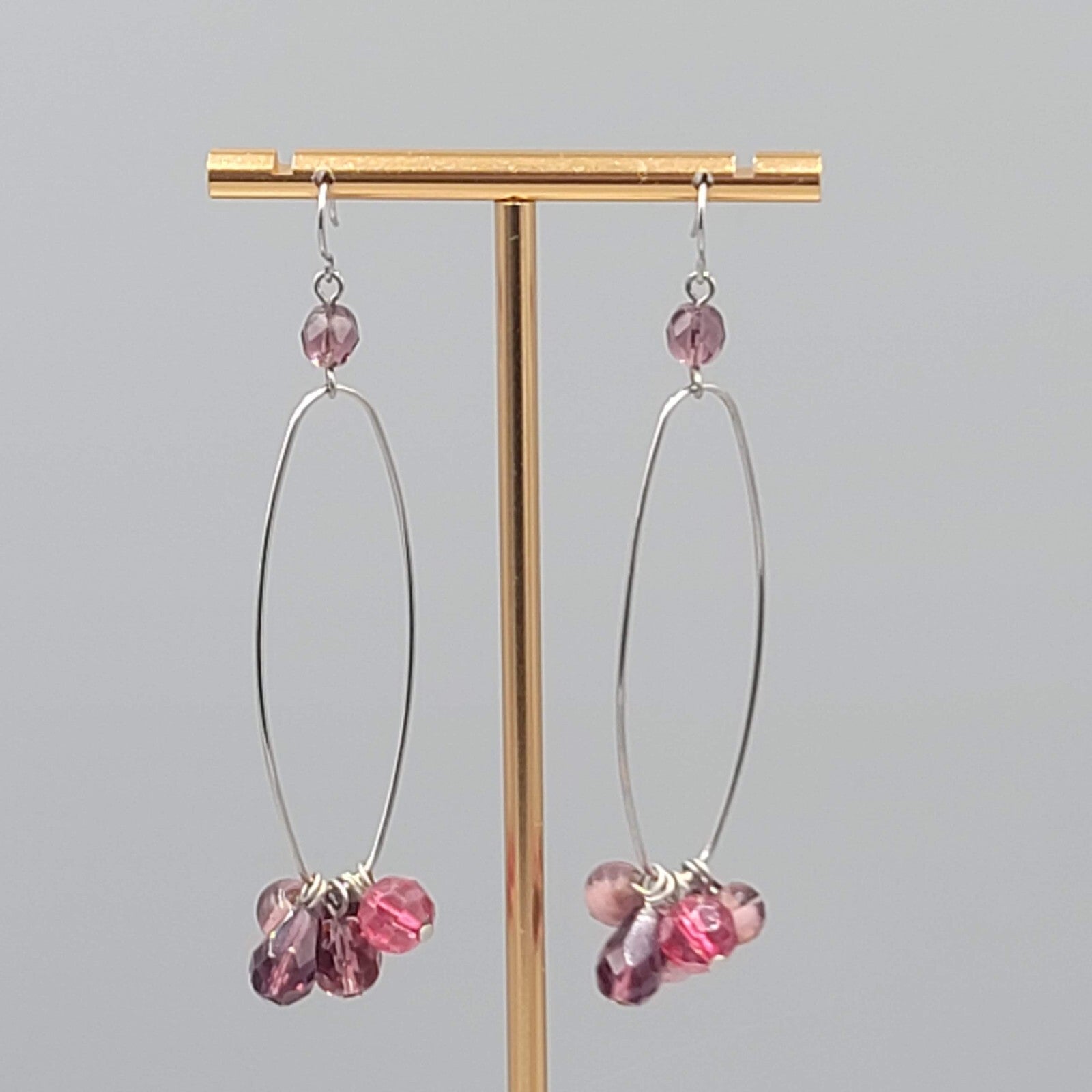 Purple Bead Long Hoop Pierced Earrings Silver tone Dangle 2.25"