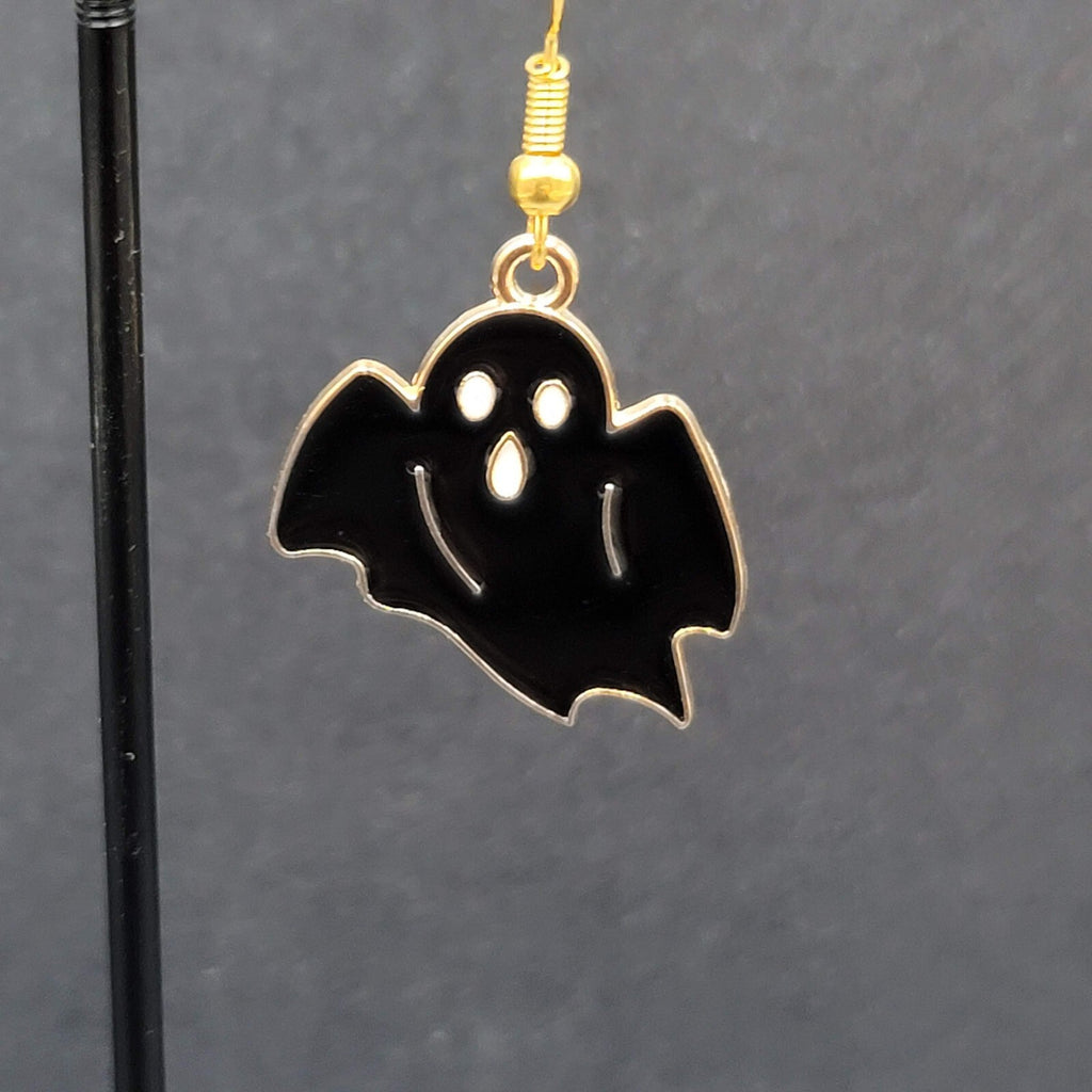 New Black Ghost Halloween Pierced Earrings Gold tone Enamel Dangle 1"
