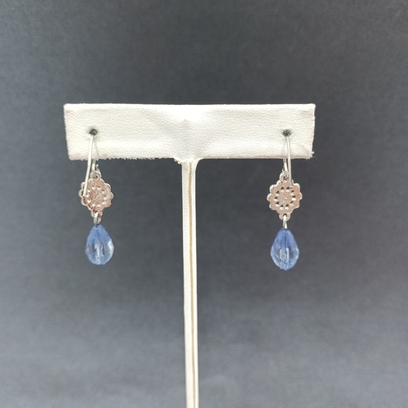 Pierced Earrings Silver tone Open Work Blue Faceted Glass Bead Dangle 1 1/4"