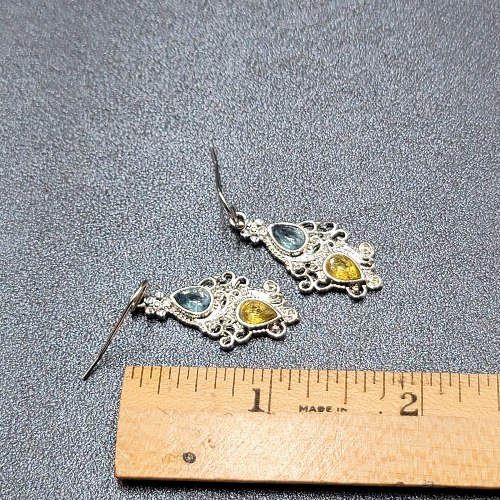 Pierced Earrings Silver tone Blue Yellow Teardrop Crystals  1 1/8"