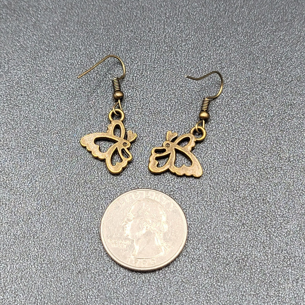 New Butterfly Pierced Earrings Bronze tone Side View Dangle 3/4"