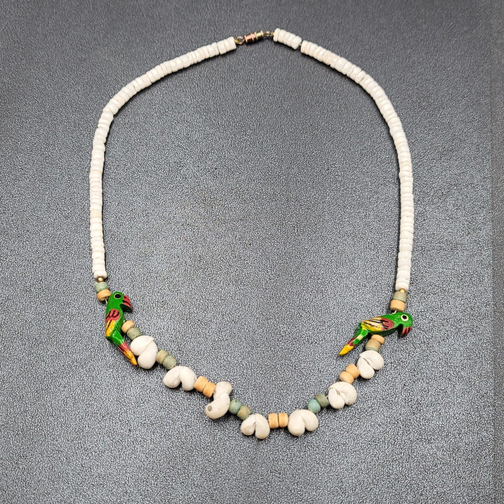 Vintage Shell Necklace Wood Hand Painted Parrot Beads 18"
