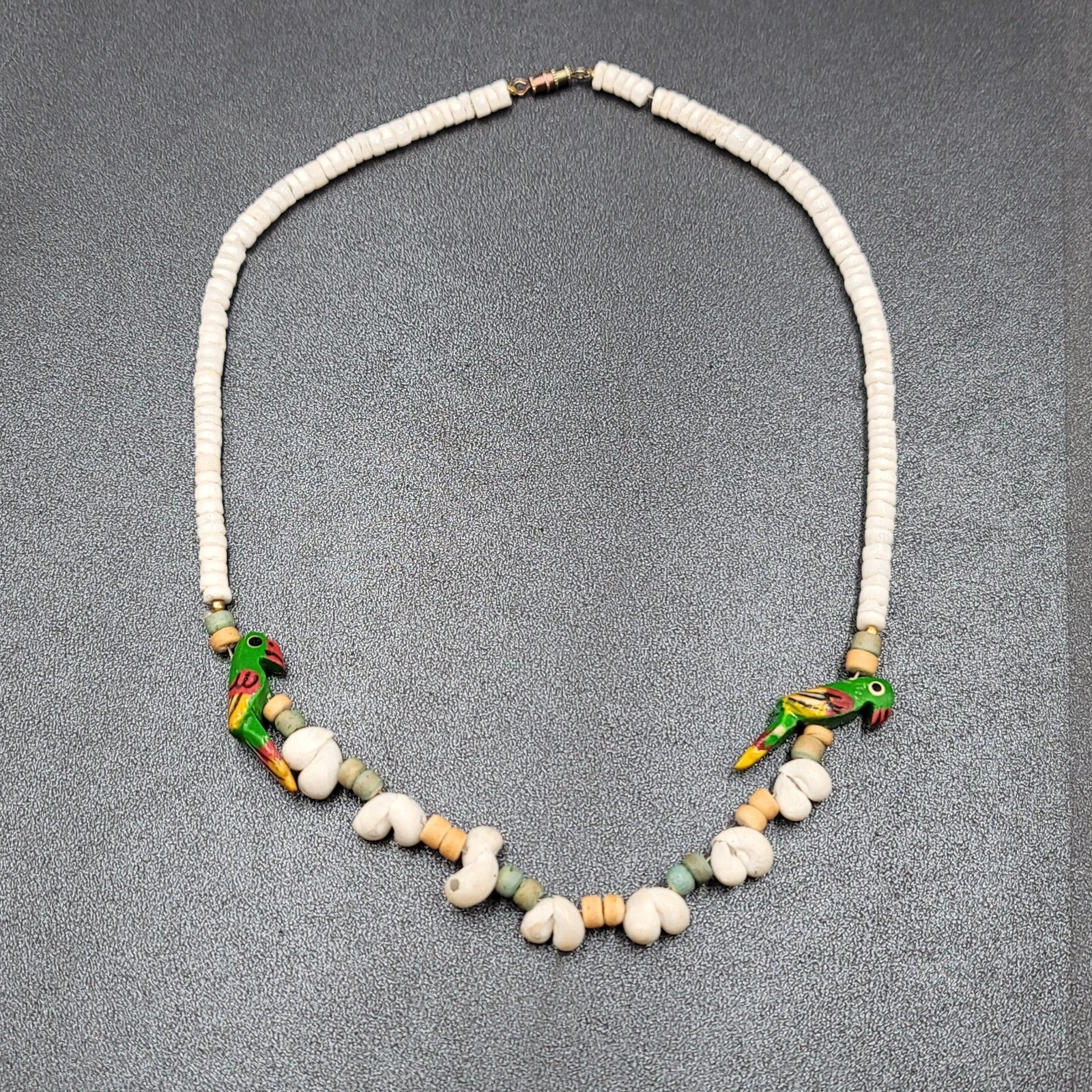 Vintage Shell Necklace Wood Hand Painted Parrot Beads 18"