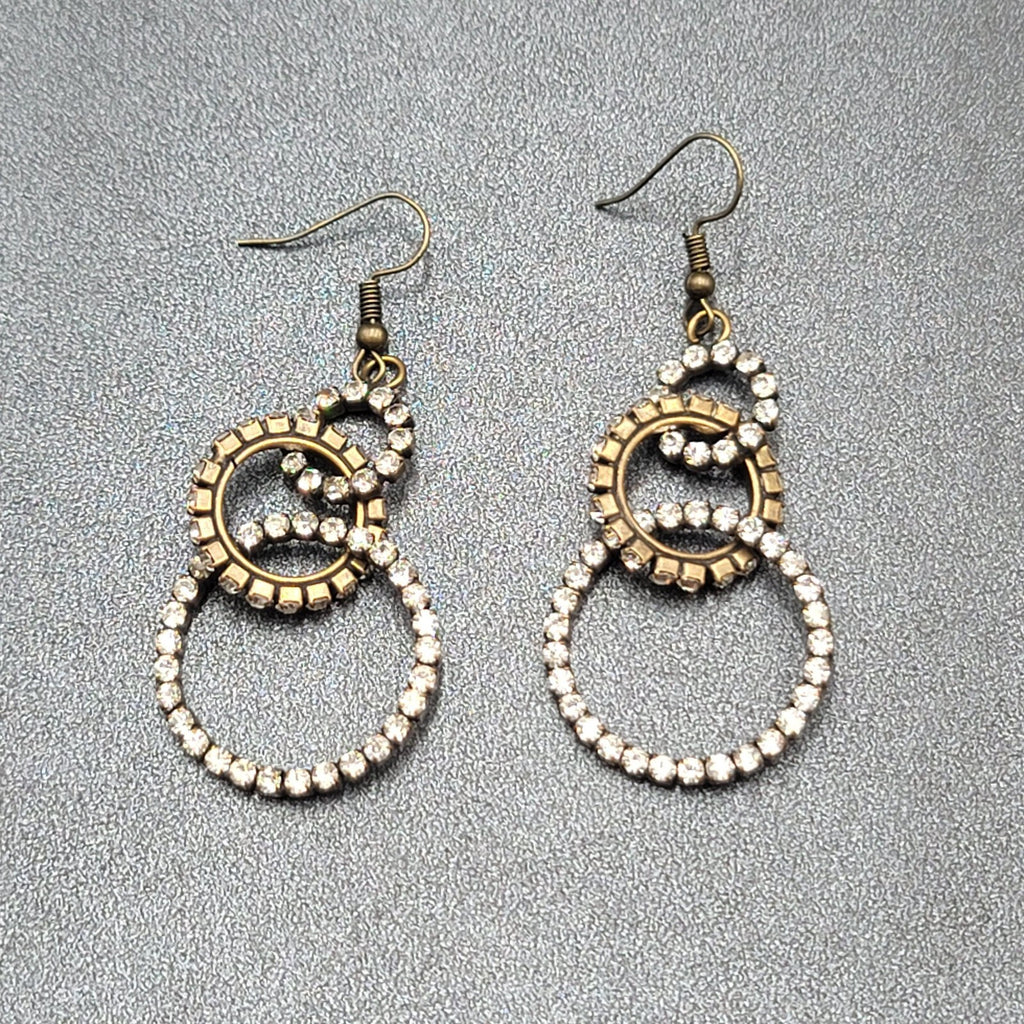 Pierced Earrings Bronze tone Concentric Circles Crystal Studded Dangle  2"