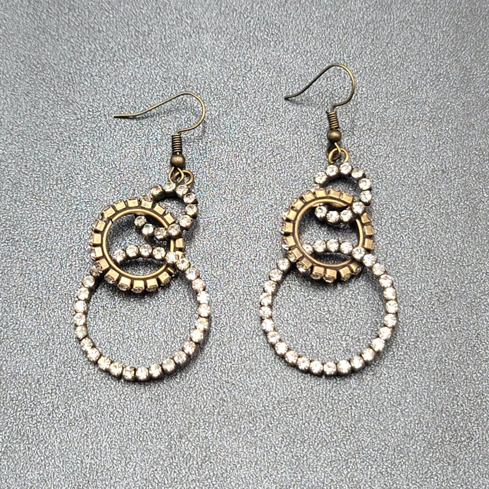 Pierced Earrings Bronze tone Concentric Circles Crystal Studded Dangle  2"