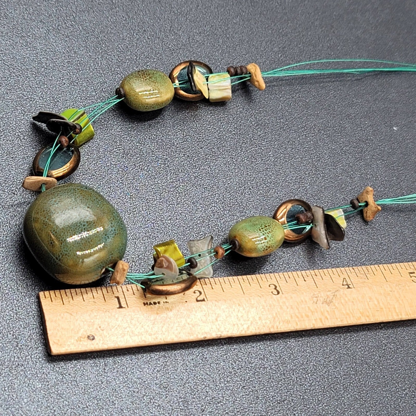 Premier Designs Necklace Green Pottery Beads Blue Thread 18"-21"