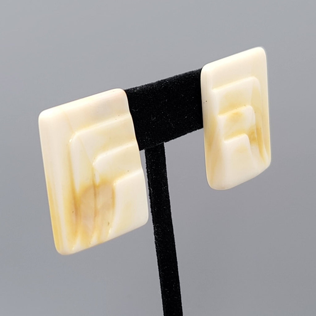 Vintage Pierced Earrings Acrylic Rectangle Drop Beige Tan Swirl 1.25"