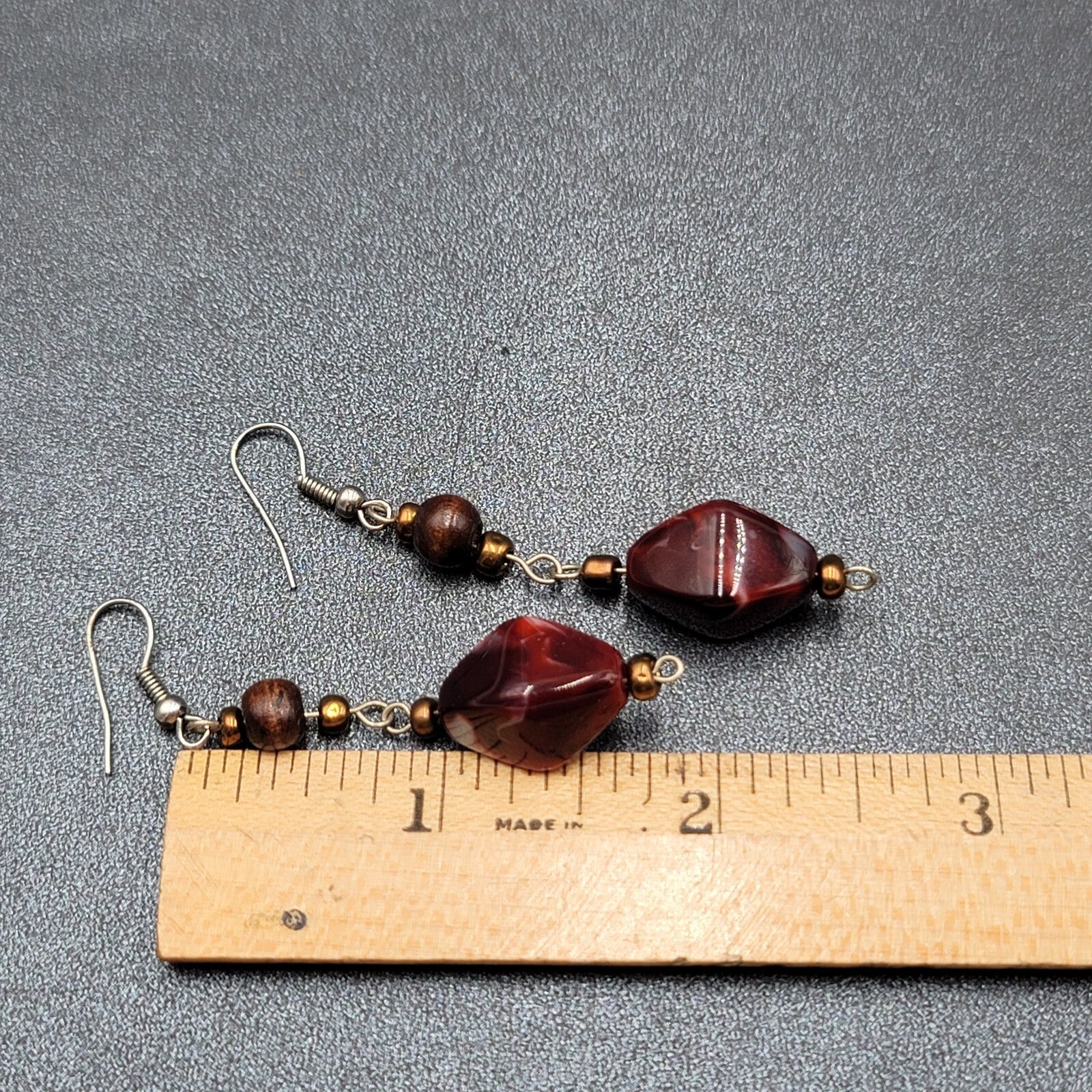 Pierced Earrings Wood Bead Red Swirl Acrylic Bead Dangle  1.75"