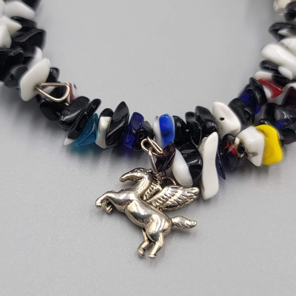 Memory Wire Bracelet Black White Yellow Red Art Glass Beads Pegasus Charm
