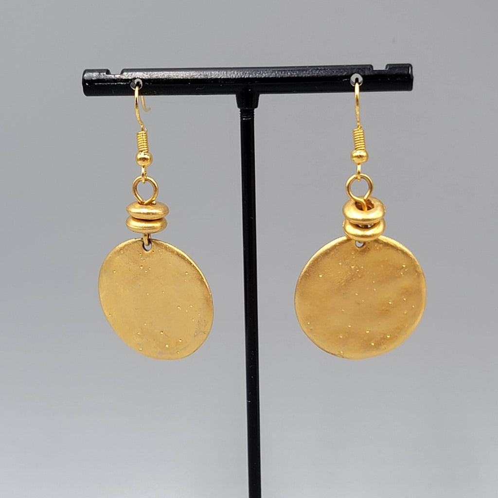Round Pierced Earrings Yellow Gold Plated Dangle 1.5"