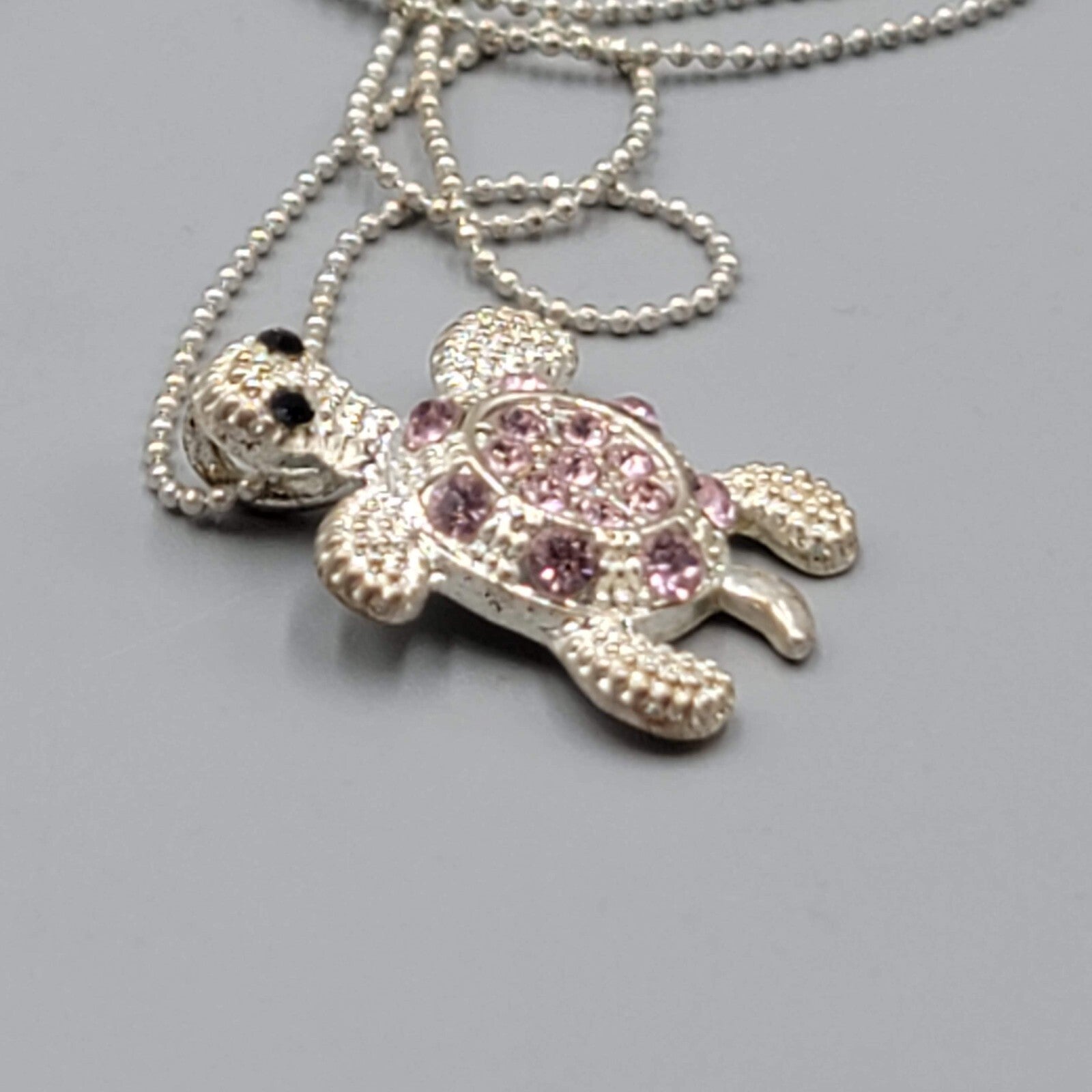 Sea Turtle Necklace Pink Rhinestone Silver tone 18"