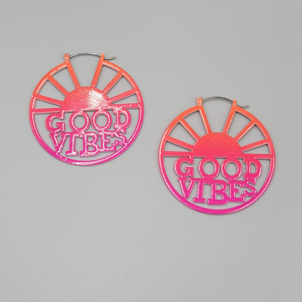 GOOD VIBES Pierced Earrings LARGE Pink Enamel over Metal Hoops 2"