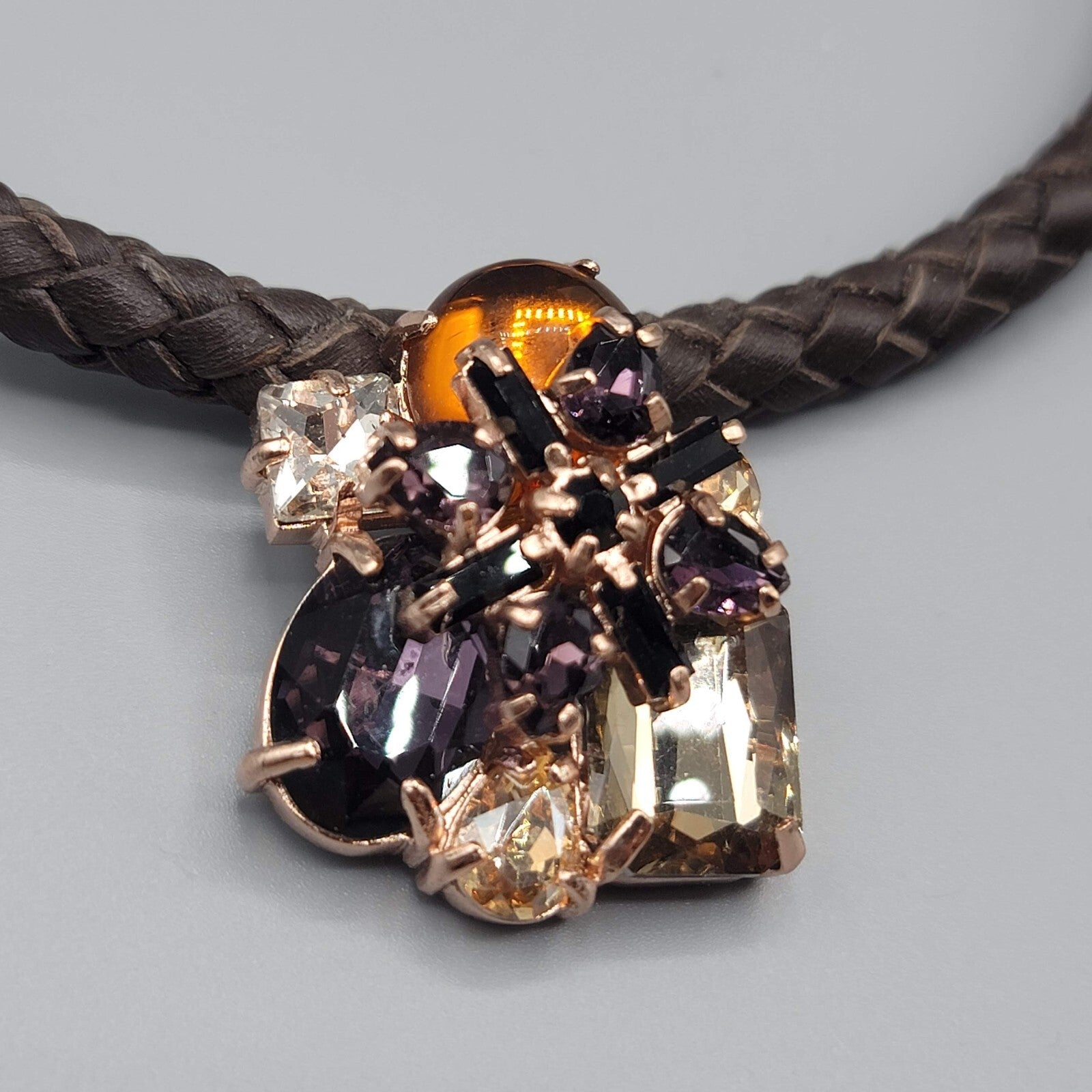 Statement Signed Necklace Rhinestone Pendant Braided Leather Cord 18"-21"
