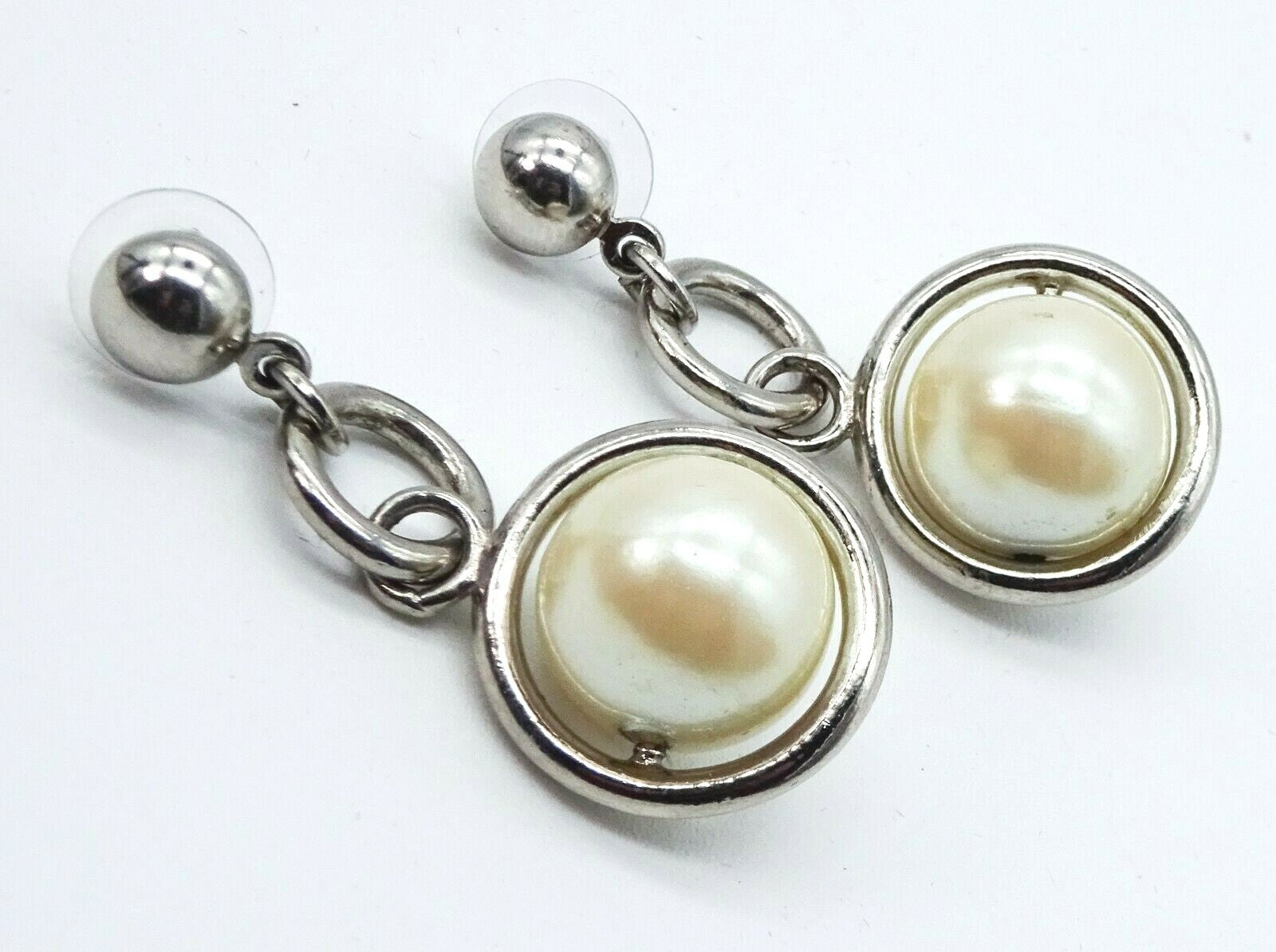 Silvertone Dangle Faux Pearl Pierced Earrings Estate Costume Jewelry 2" 