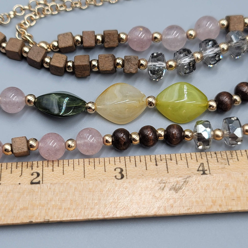 Long Stone Glass Bead Necklace Gold tone Multicolor 34-37"
