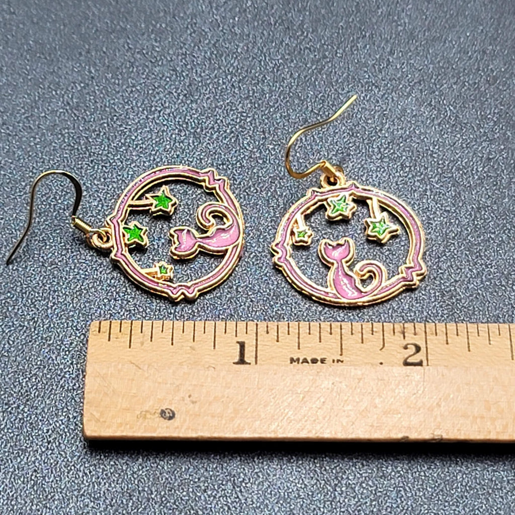 New Cat Pierced Earrings Gold tone Green Stars Purple Enamel Dangle 7/8"