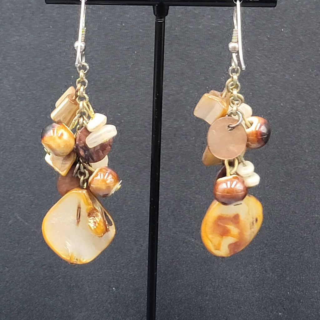 Pierced Earrings Brown Earth Tones Cluster Bead Shells 2.25"