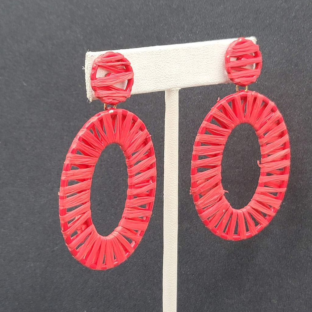Pierced Earrings Red Rattan Dangle Hoops Statement 2.5"