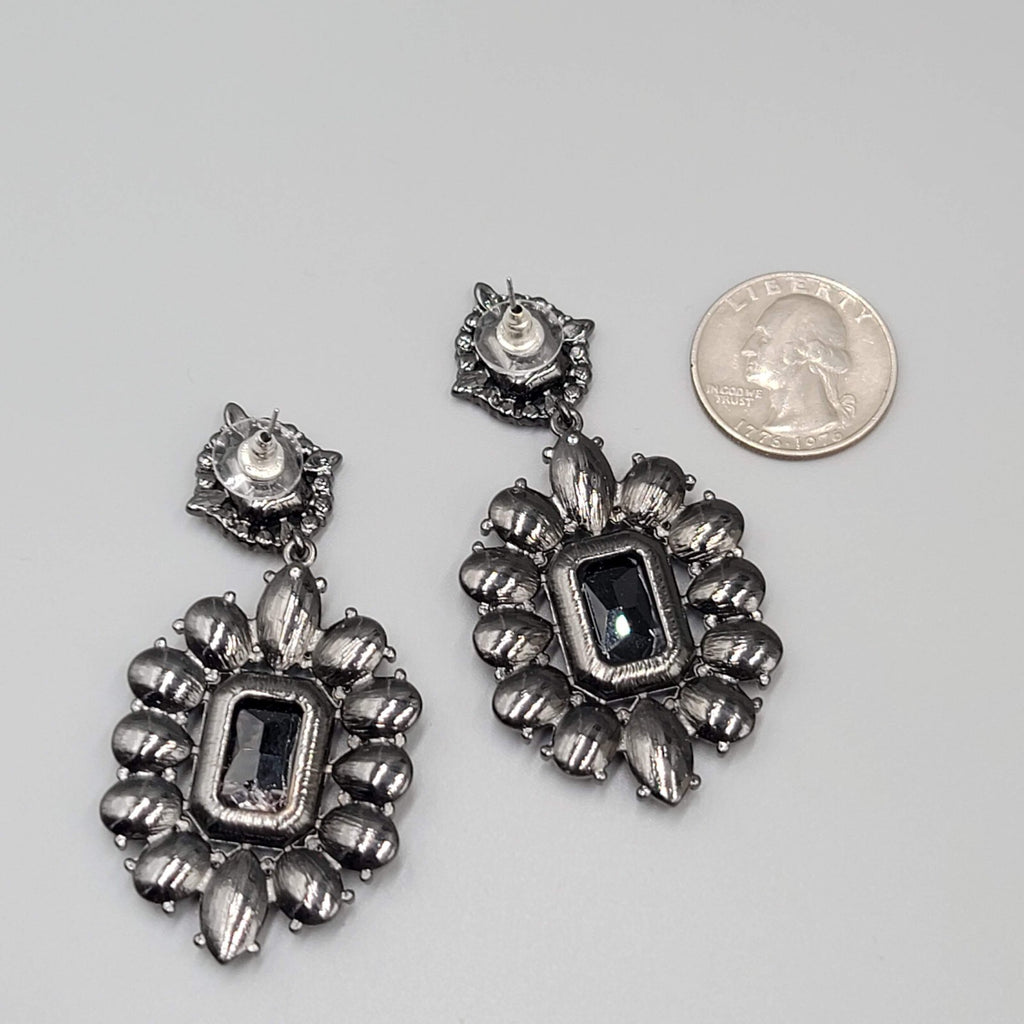 Pierced Earrings Black Metal Black Rhinestone Dangle 2.5"