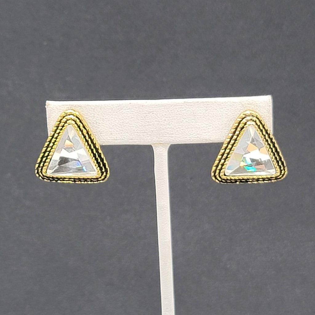 Pierced Earrings Gold tone Faceted Crystal Triangle Drop 1" SO Sparkly!!