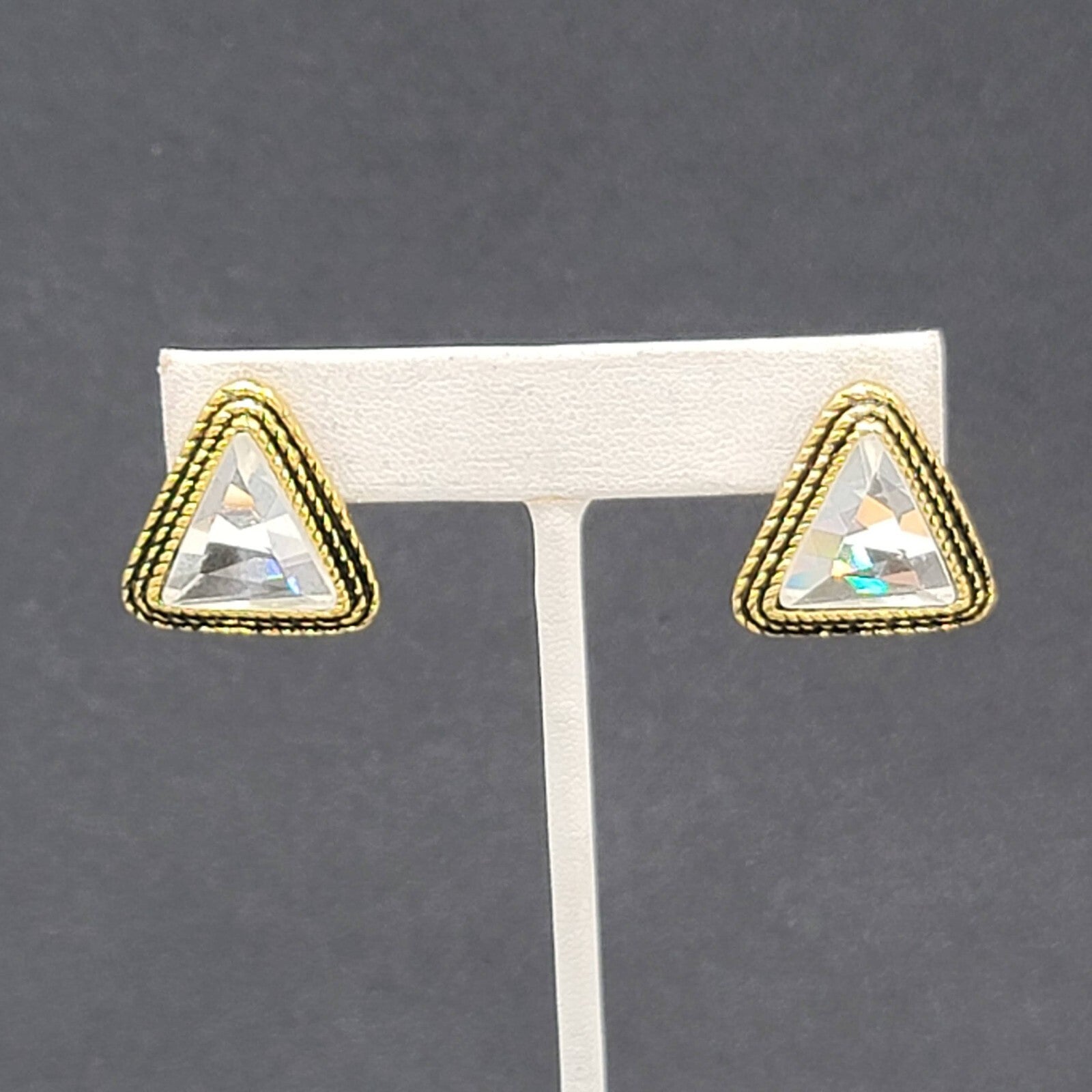 Pierced Earrings Gold tone Faceted Crystal Triangle Drop 1" SO Sparkly!!