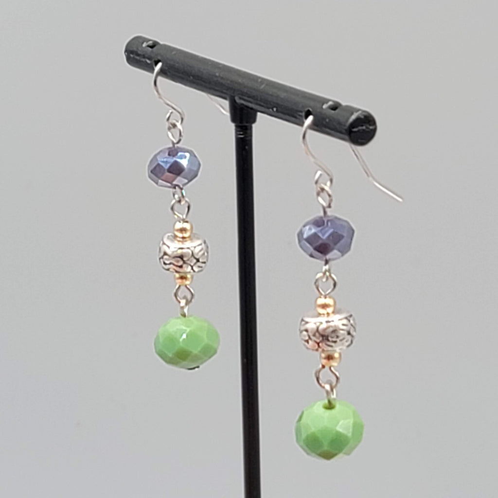 Pierced Earrings Silver tone Purple Green Glass Beads Dangle 1.5"