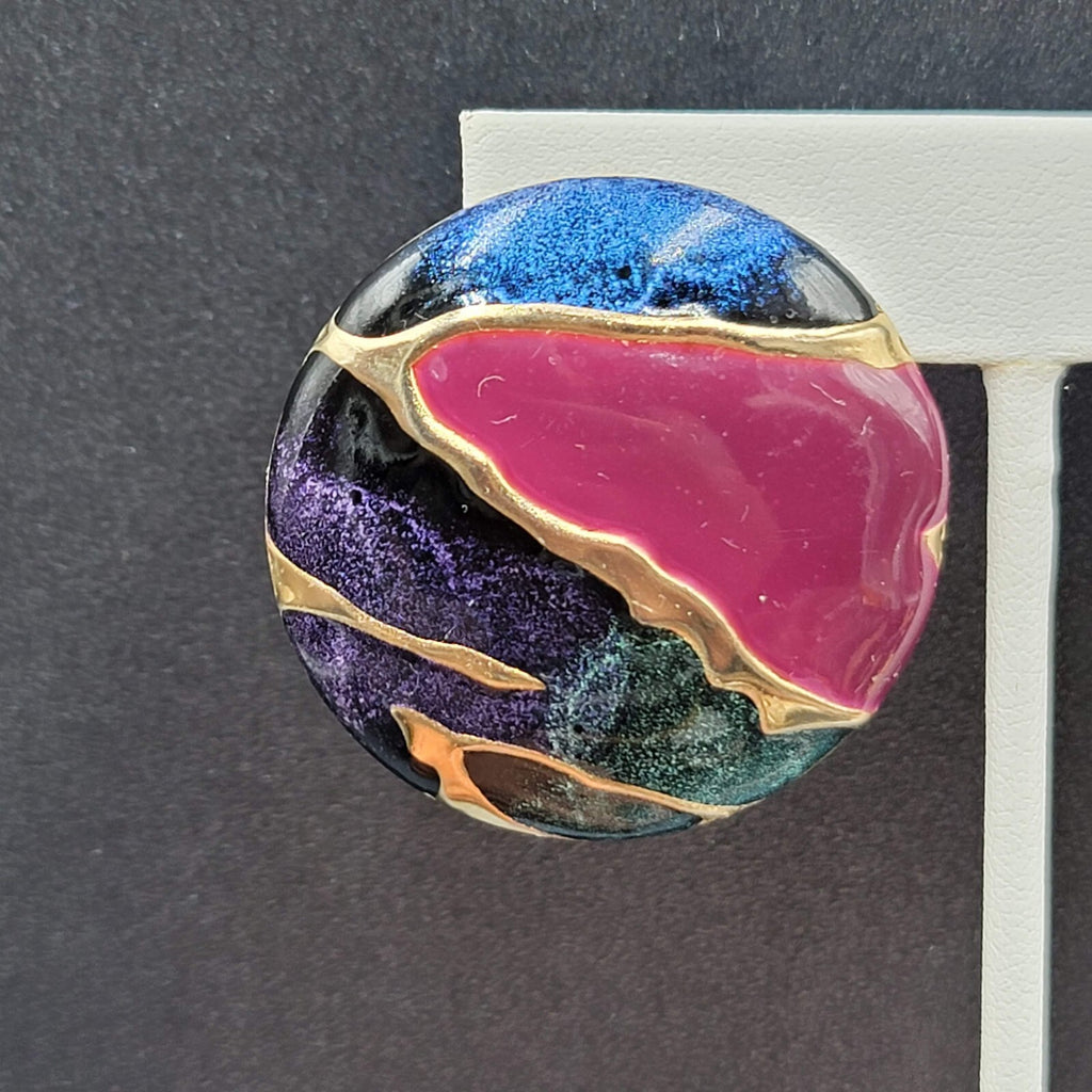 Vintage Pierced Earrings Blue Purple Enamel Round Statement 1.5"