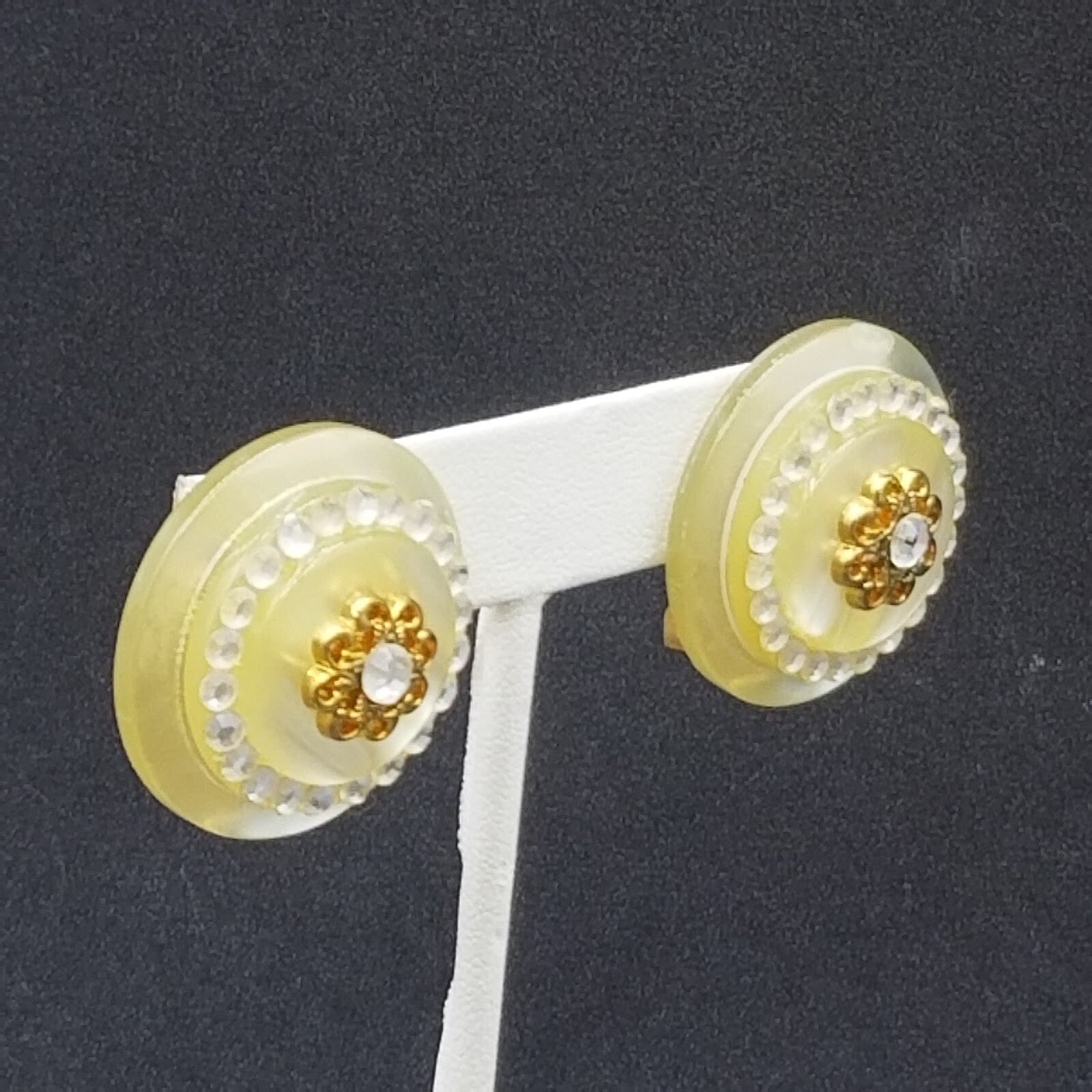 Clip on Earrings Gold tone Crystal Dome Acrylic Button Style Drop Stud 1 3/8" B