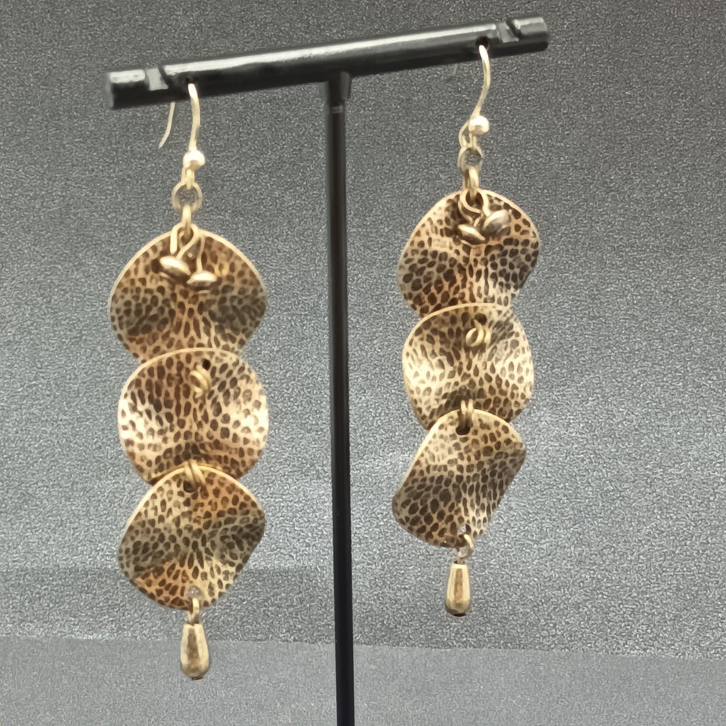 Pierced Earrings Antiqued Hammered Gold tone Wavy Circles Statement Drop 2 3/8"