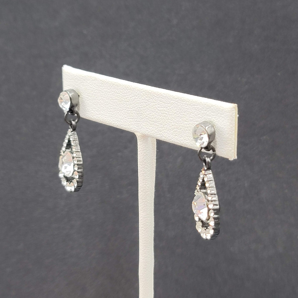 Pierced Earrings Black Metal Clear Rhinestone Teardrop Dangle 1.25"