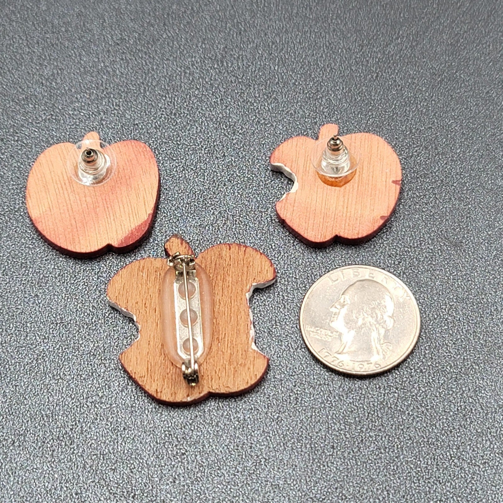 Vintage Brooch Pierced Earrings Set Wood Hand Painted Apple Teacher Gift
