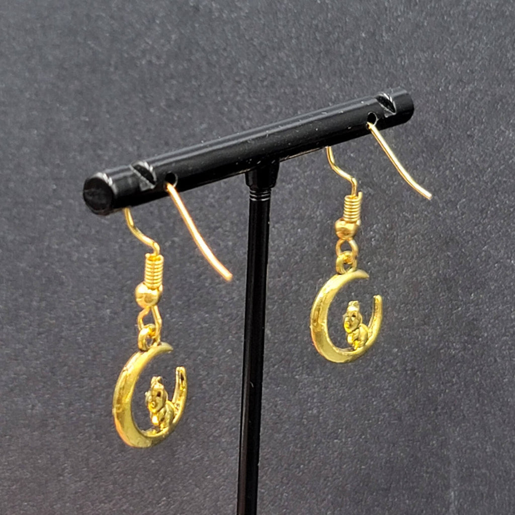 New Bunny Rabbit on Crescent Moon Pierced Earrings Gold tone Dangle 5/8"