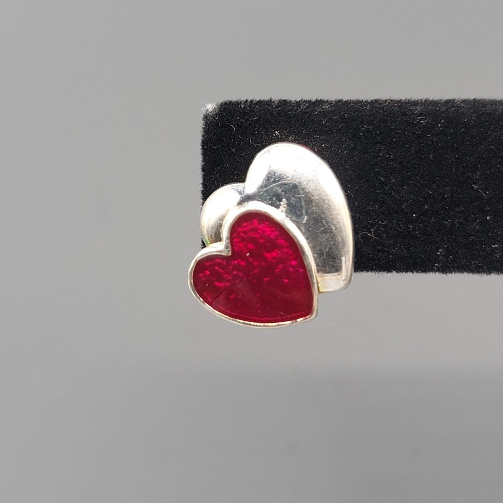 Heart Pierced Earrings Silver tone Red Enamel Studs Hearts 5/8"