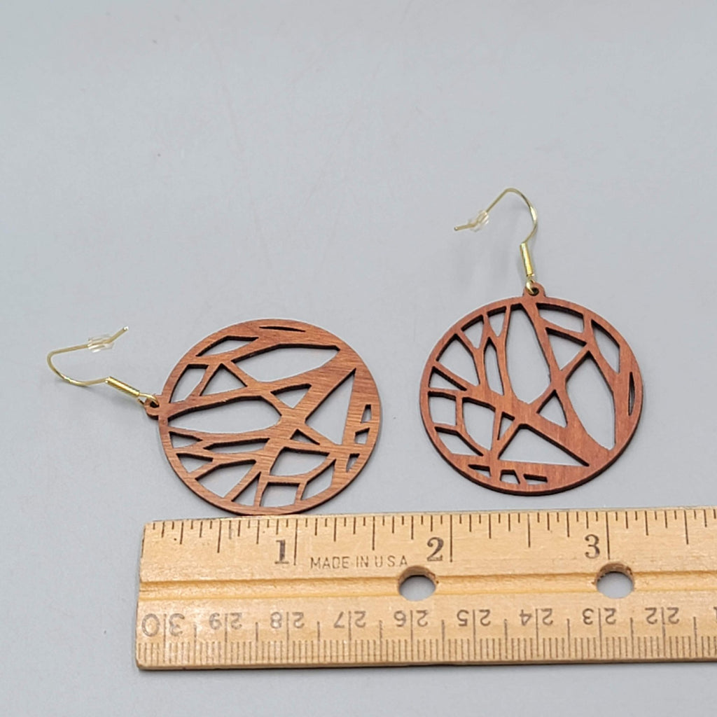 Laser Cut Wood Pierced Earrings Round Gold tone Dangle 1.5 in