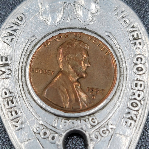 1959 D Encased Cent Penny Solara Beach California Seaside Village Never Go Broke