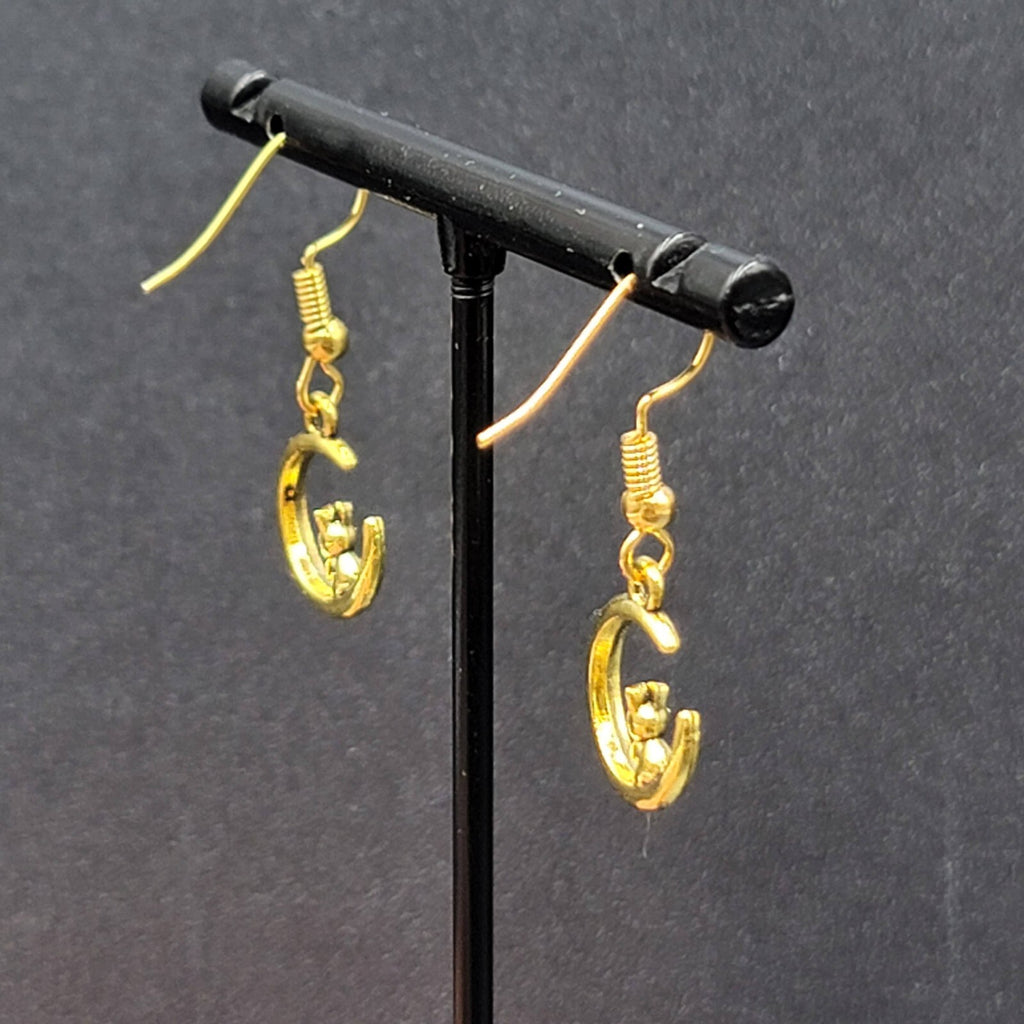 New Bunny Rabbit on Crescent Moon Pierced Earrings Gold tone Dangle 5/8"