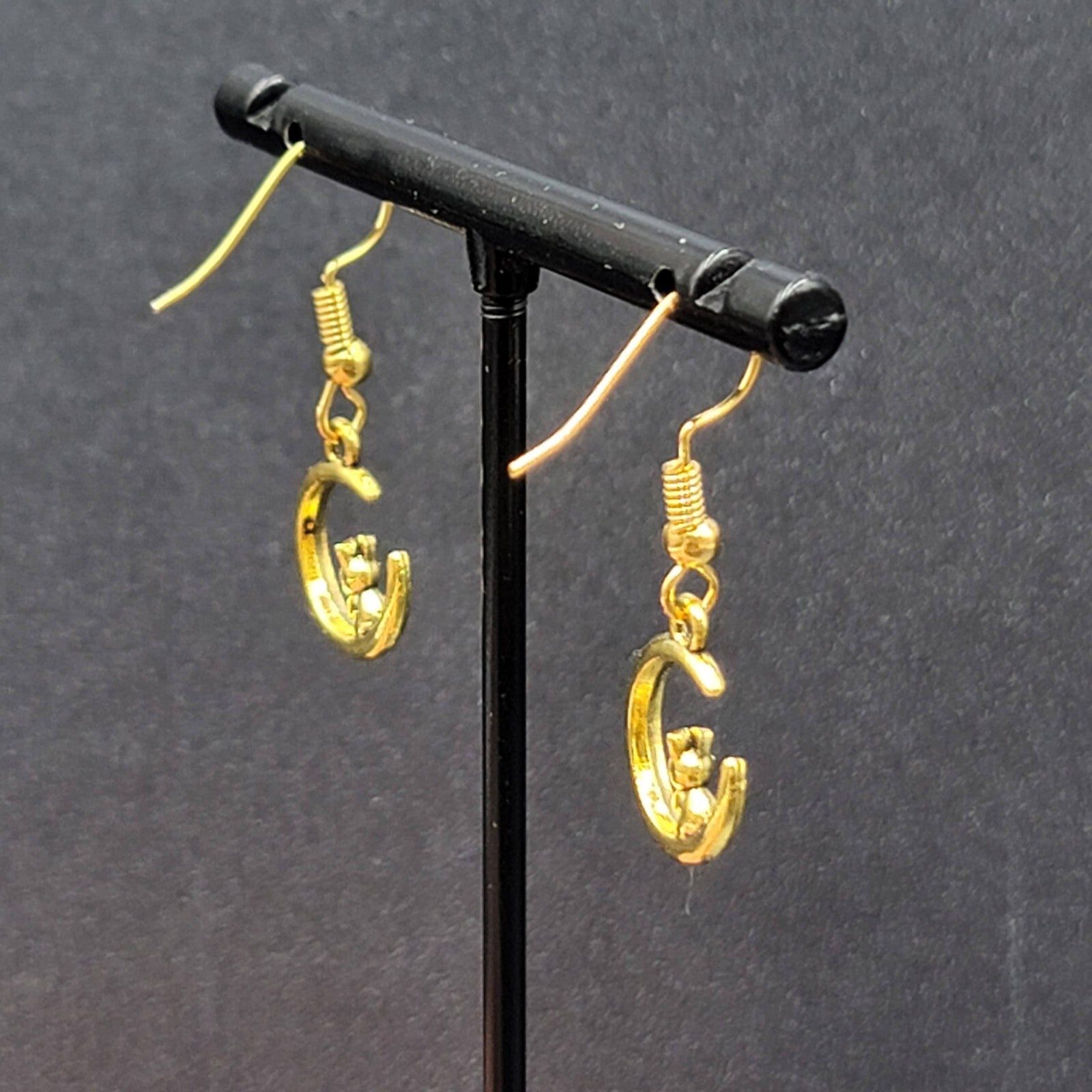 New Bunny Rabbit on Crescent Moon Pierced Earrings Gold tone Dangle 5/8"