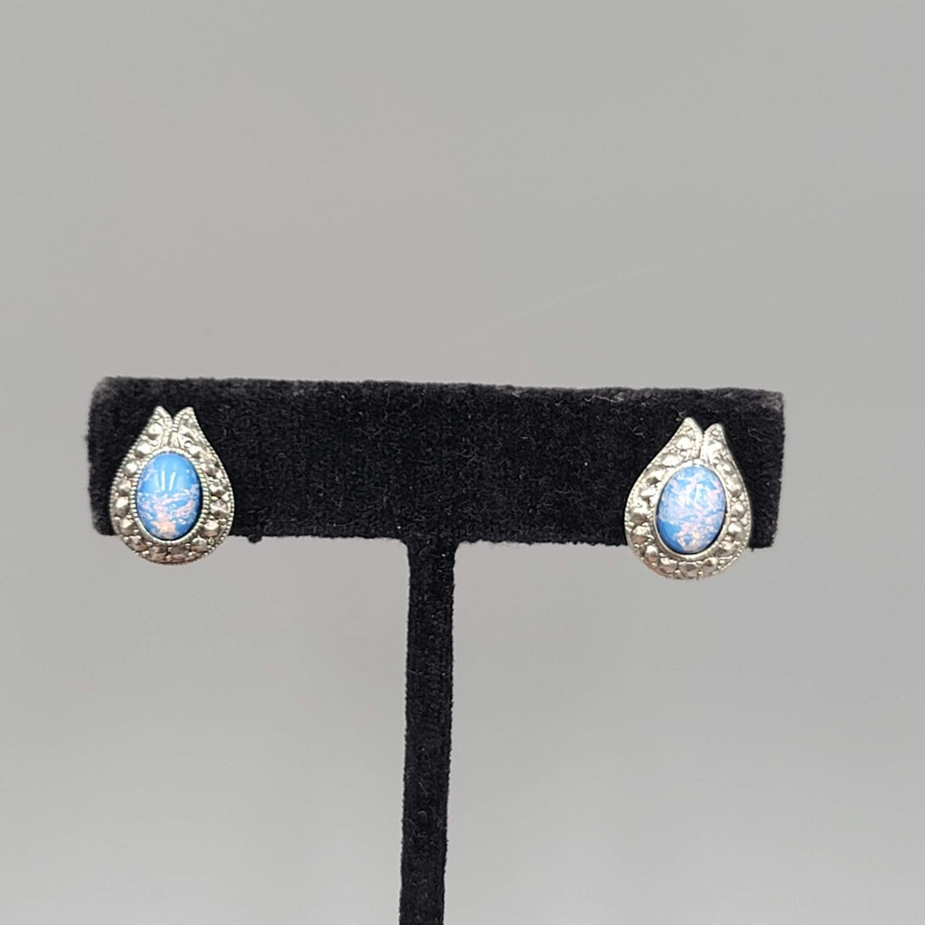 Vintage Clip on Earrings Silver tone Faux Glass Opal Drop 5/8"