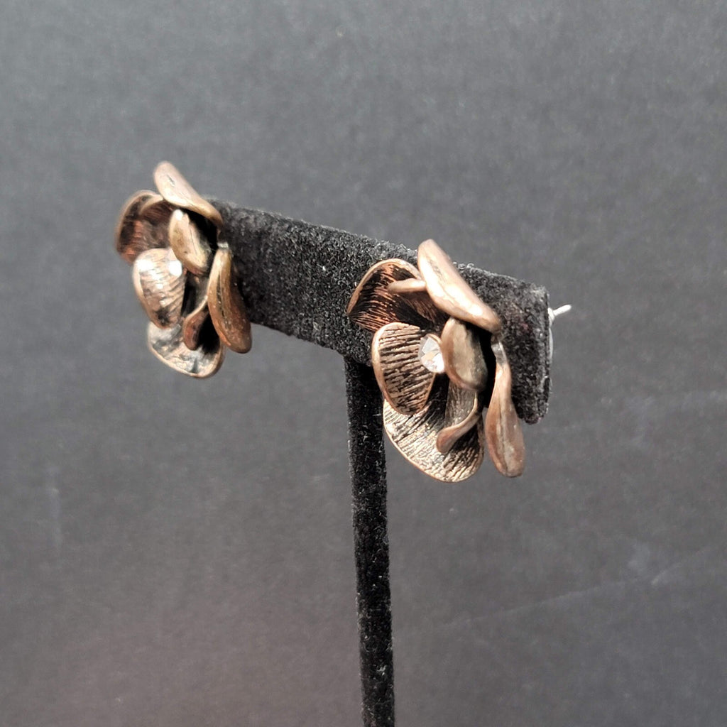 Flower Pierced Earrings Copper tone Rhinestone Drop 1"