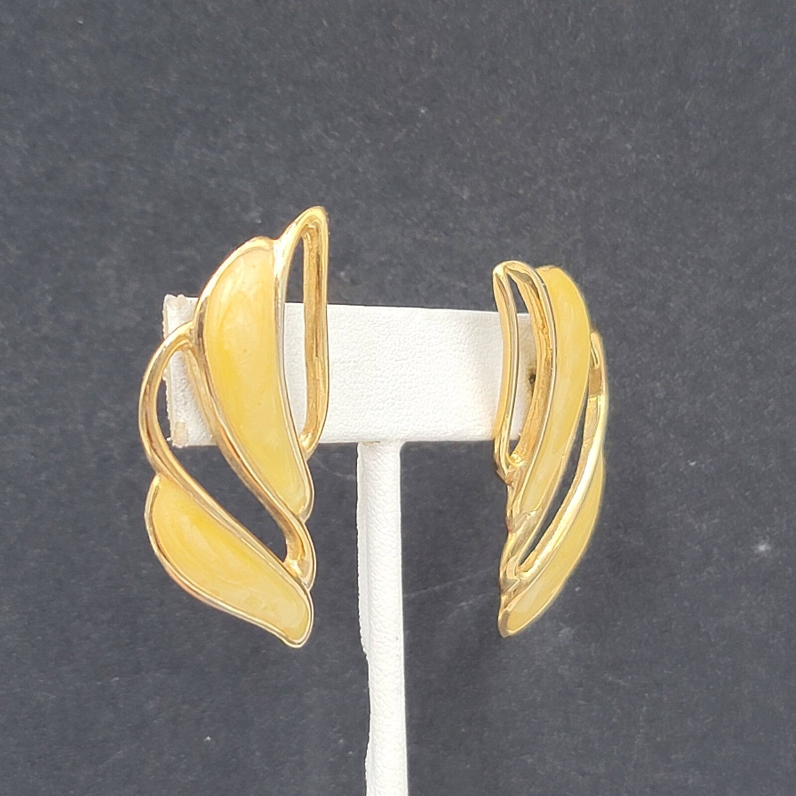 Vintage Pierced Earrings Gold tone Swirl Yellow Enamel Drop Statement 1.75"