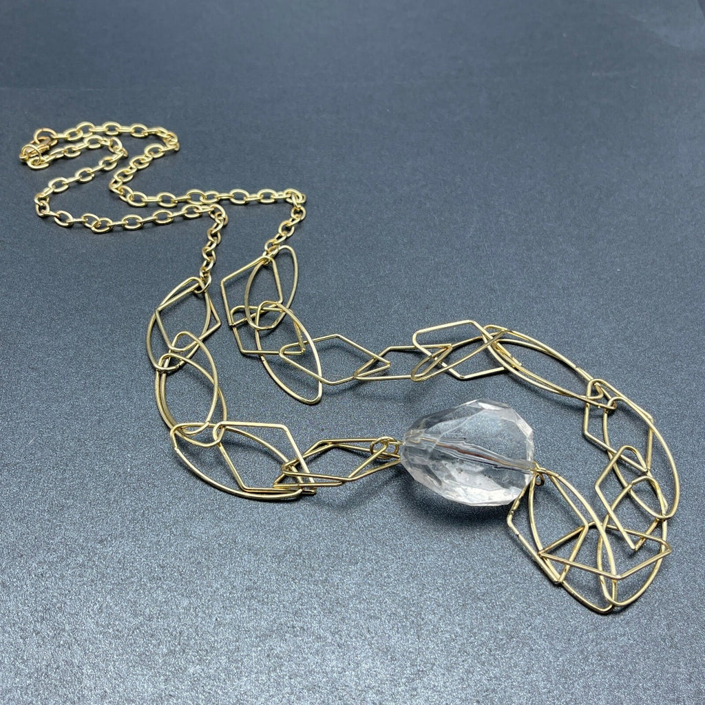 Gold tone Large Link Clear Acrylic Bead Statement Necklace 34" Estate Jewelry