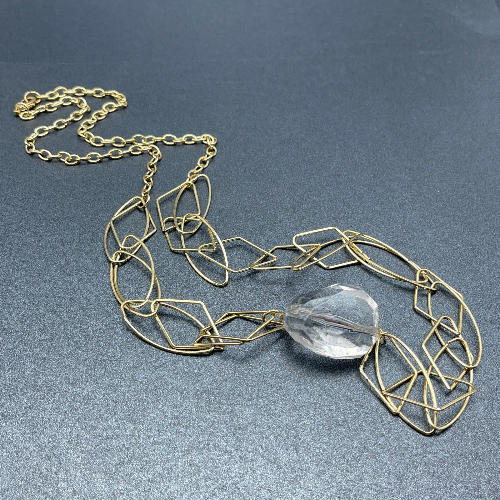 Gold tone Large Link Clear Acrylic Bead Statement Necklace 34" Estate Jewelry