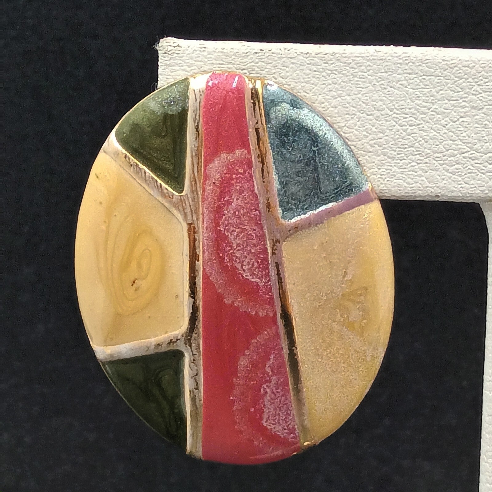Vintage Pierced Earrings Multicolor Enamel Gold tone Oval Statement Drop 1.5"