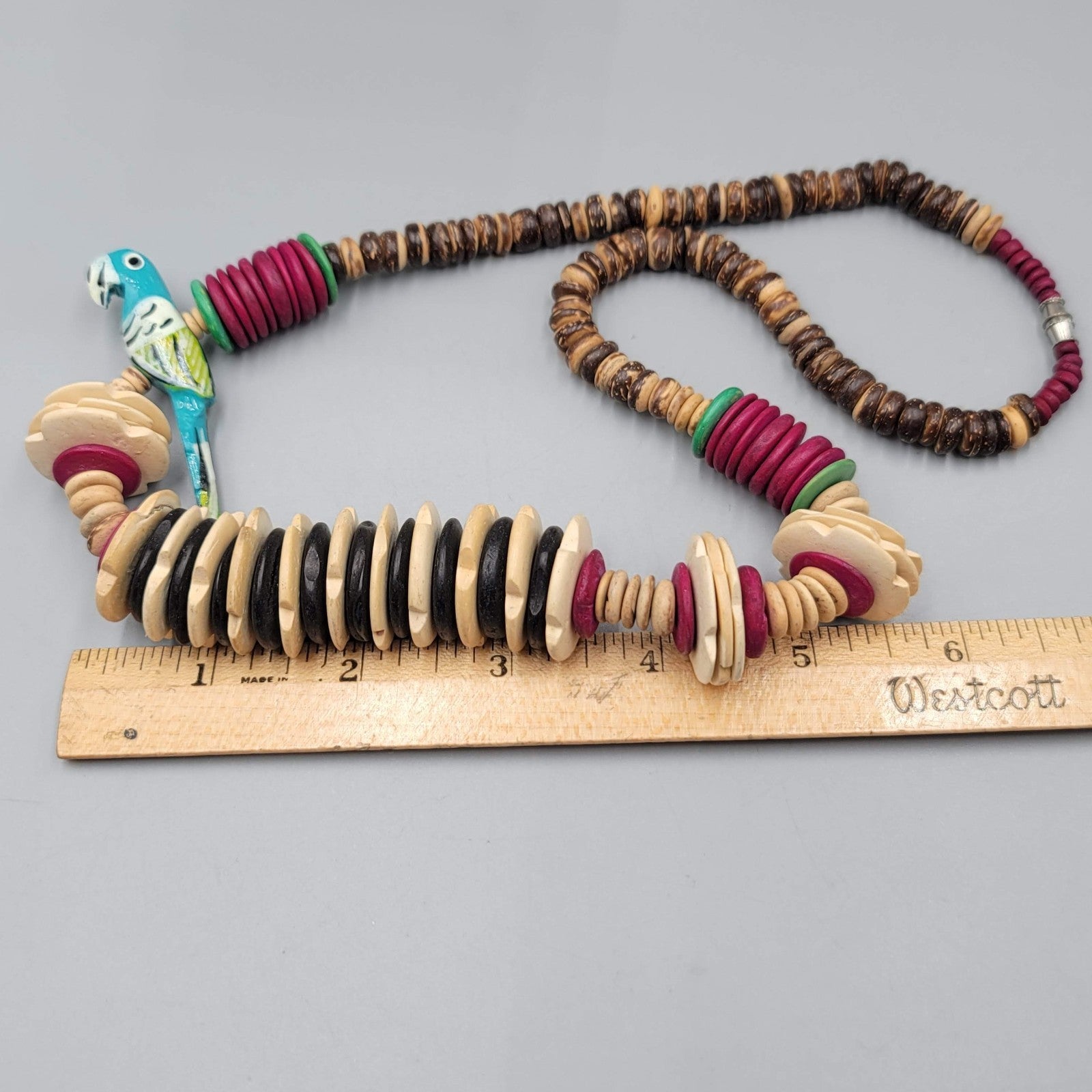 Vintage Coconut Wood Bead Necklace Bird Hand Painted 22" Estate Costume Jewelry