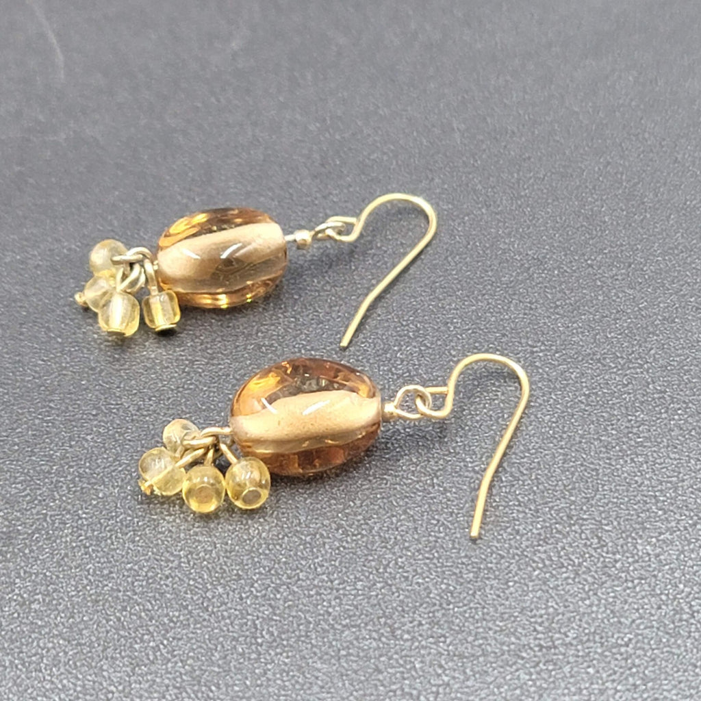 Pierced Earrings Gold tone Amber Color Glass Beads Dangle 1"