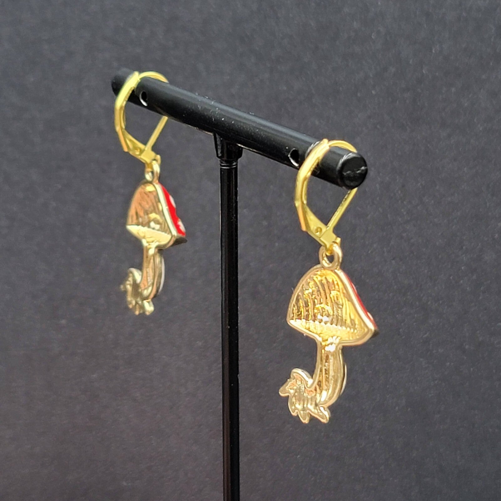 Mushroom Pierced Earrings Gold tone Enamel Red White Polka Dot Dangle 1"