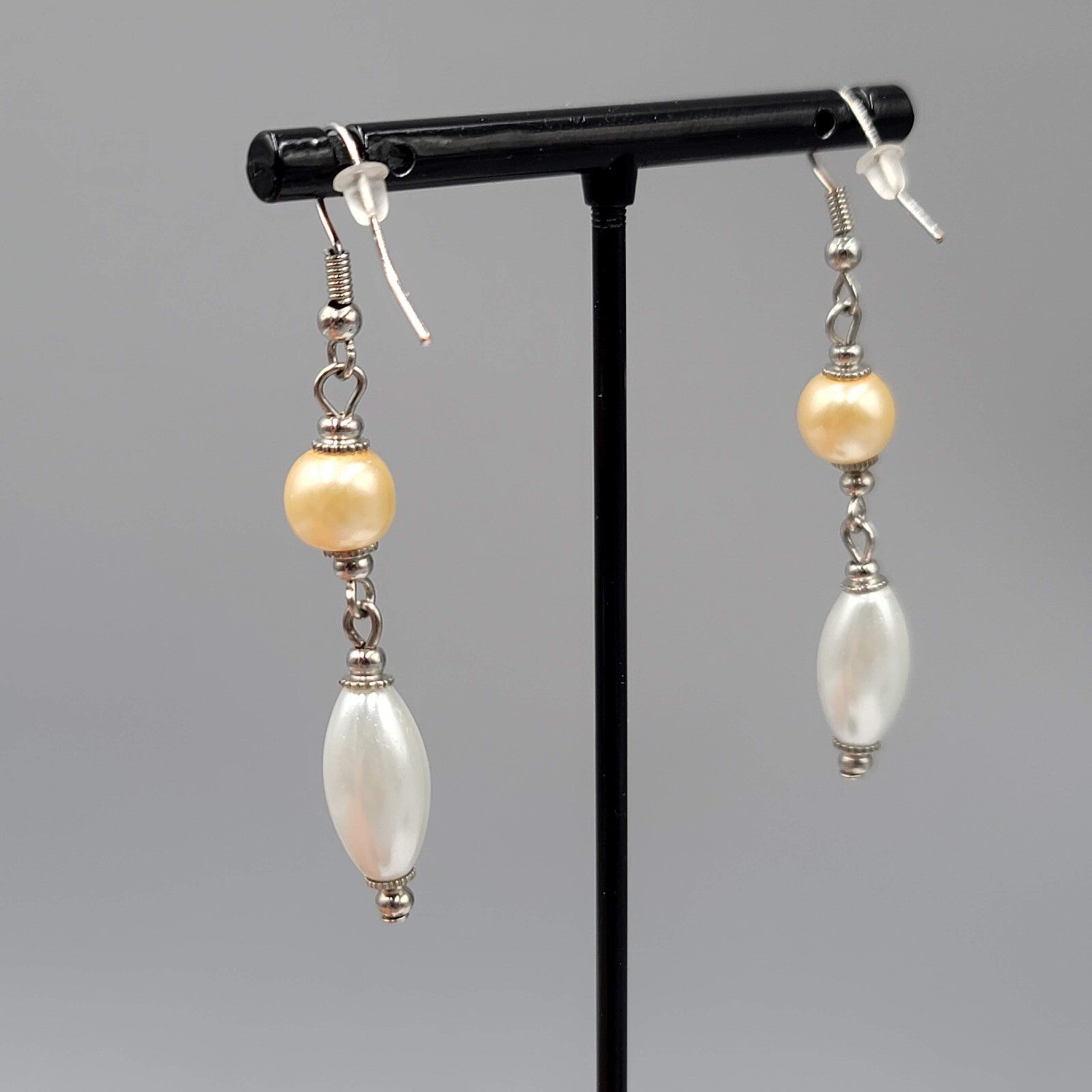 Pierced Earrings Silver tone Champagne White Bead Dangle 1.75"