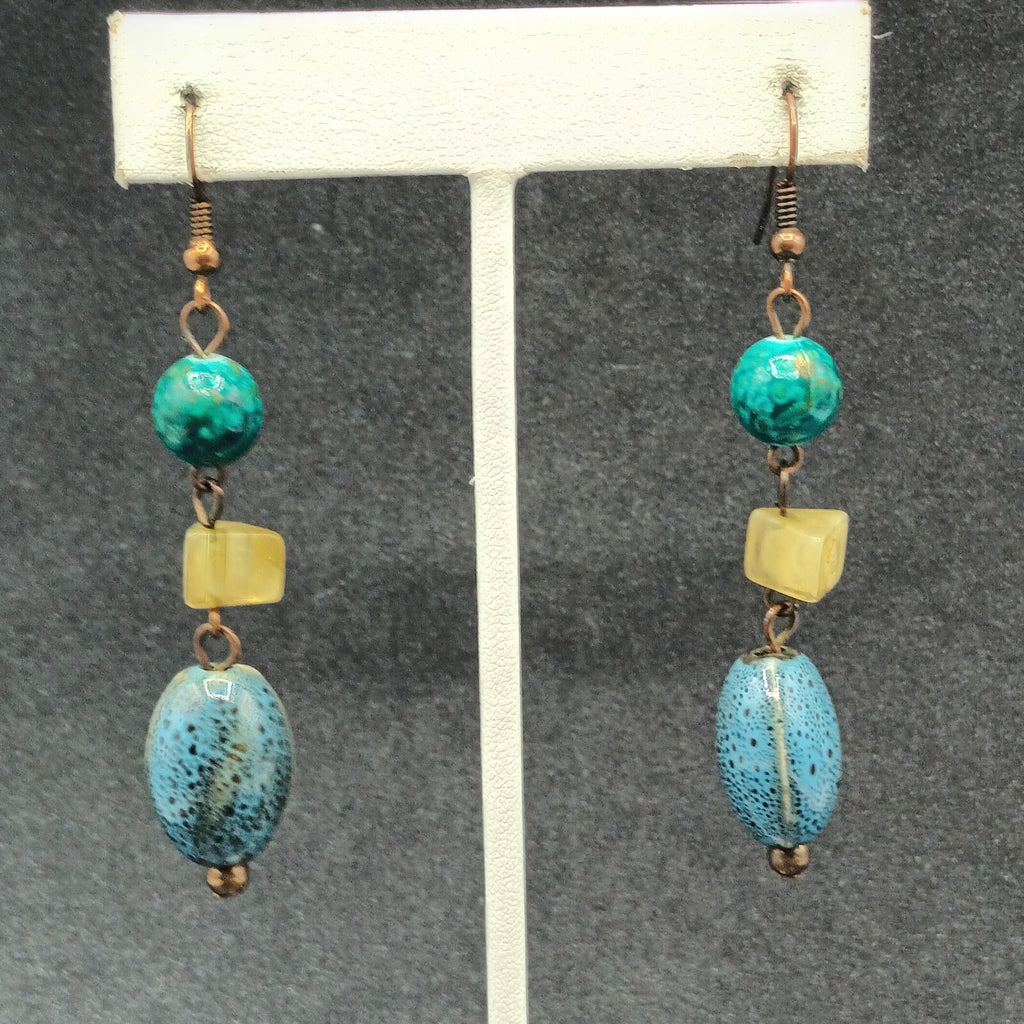 Pierced Earrings Blue Green Art Pottery Beaded Statement Dangle 2"