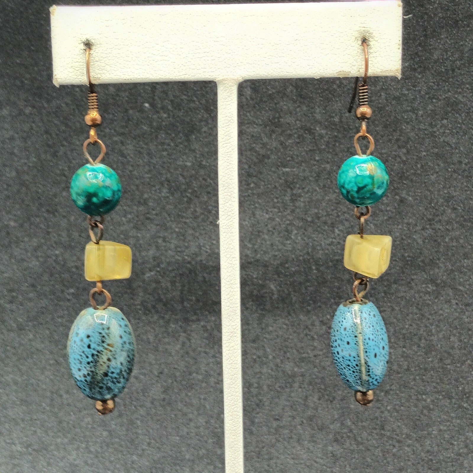 Pierced Earrings Blue Green Art Pottery Beaded Statement Dangle 2"