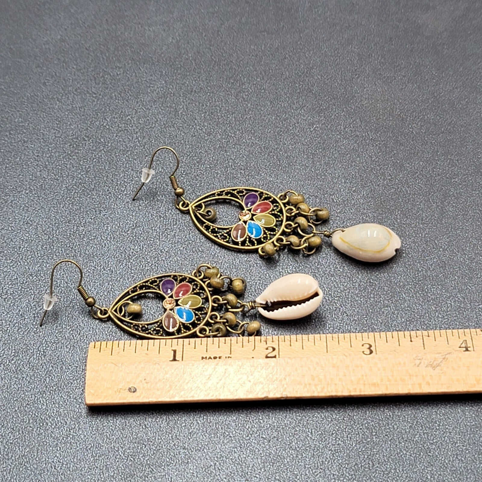 New Boho Pierced Earrings Bronze tone Multicolor Enamel Cowrie Shell 2.5"